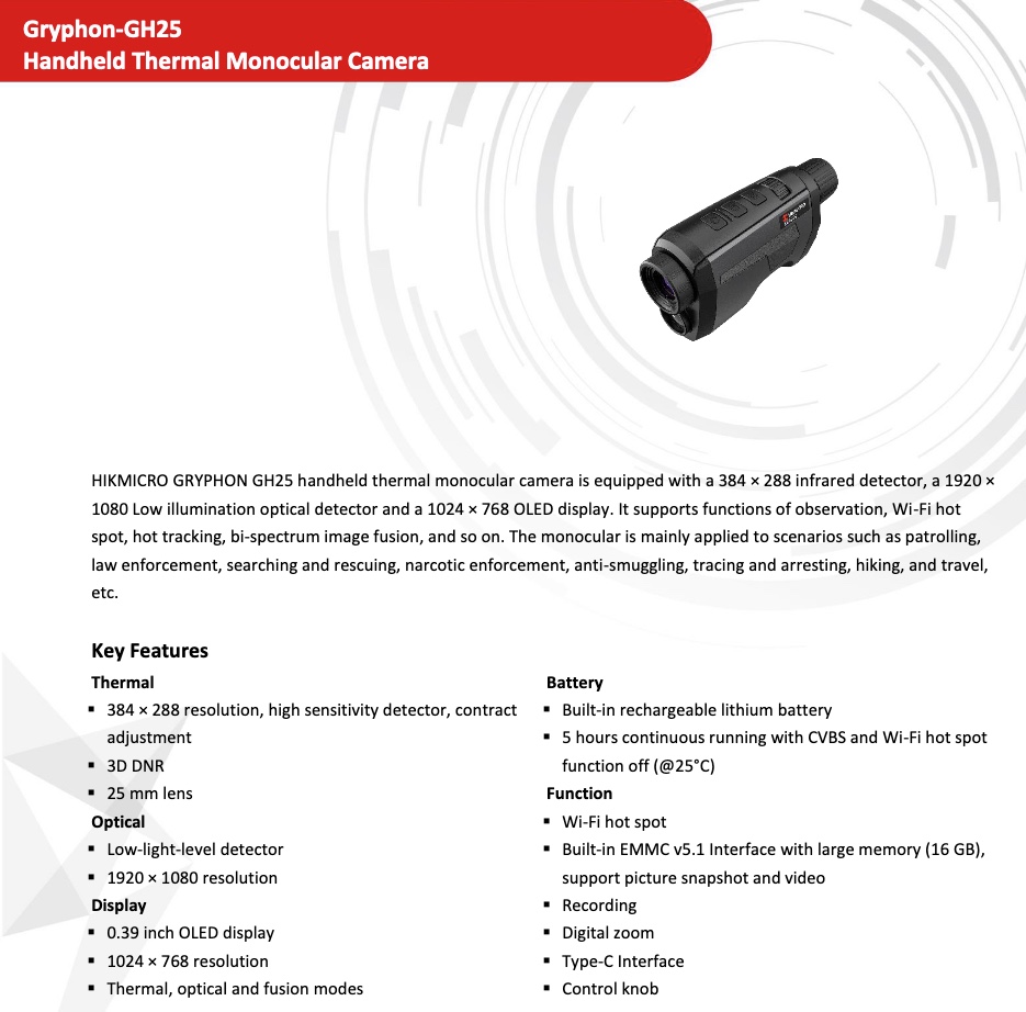 HIKMICRO GRYPHON GH25 Monocolo THERMAL FUSION 16G 1024X768 Oled Lens 25mm (A)